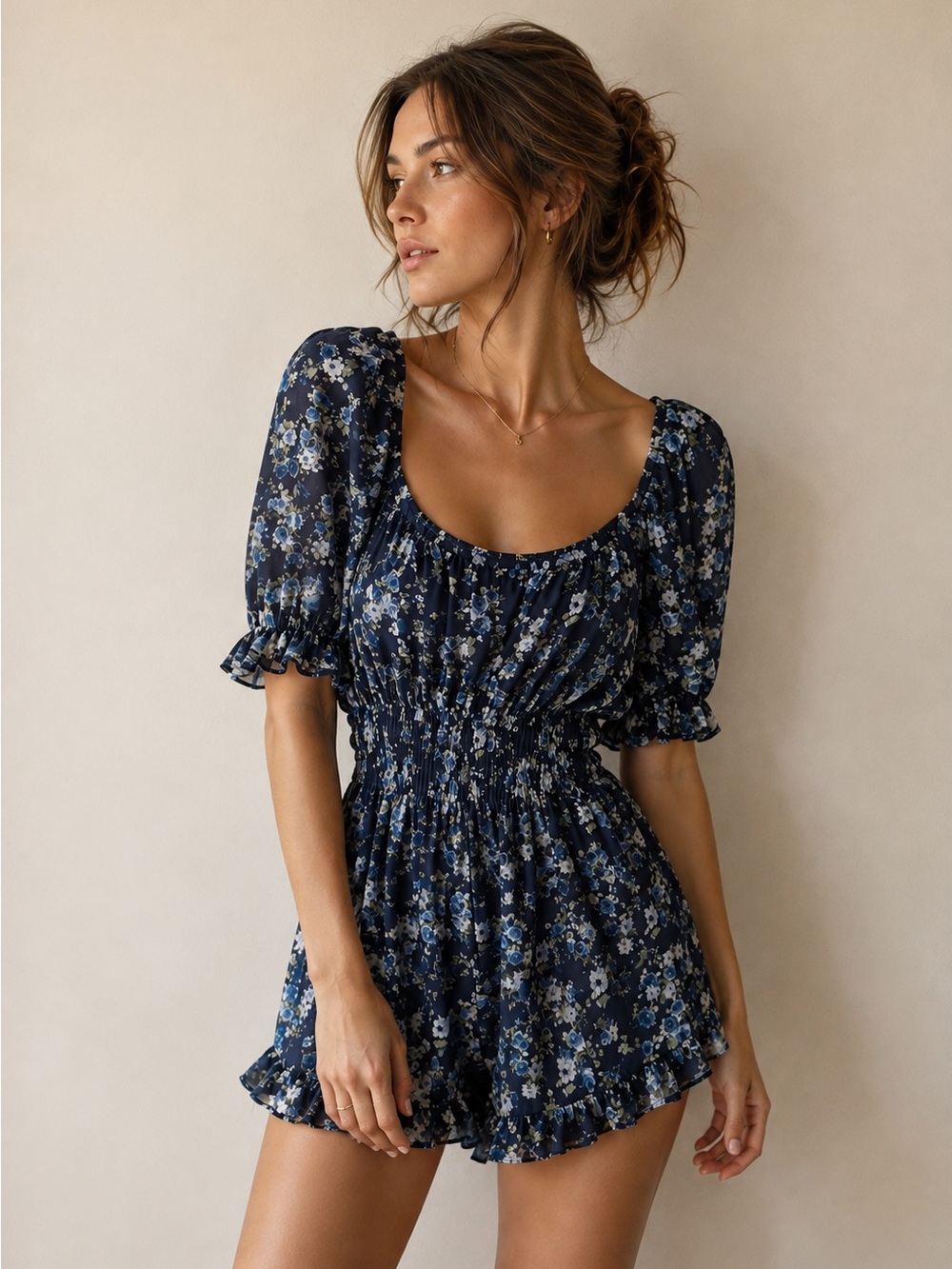 Altar'd State Navy Floral Puff-Sleeve Smocked Mini Romper